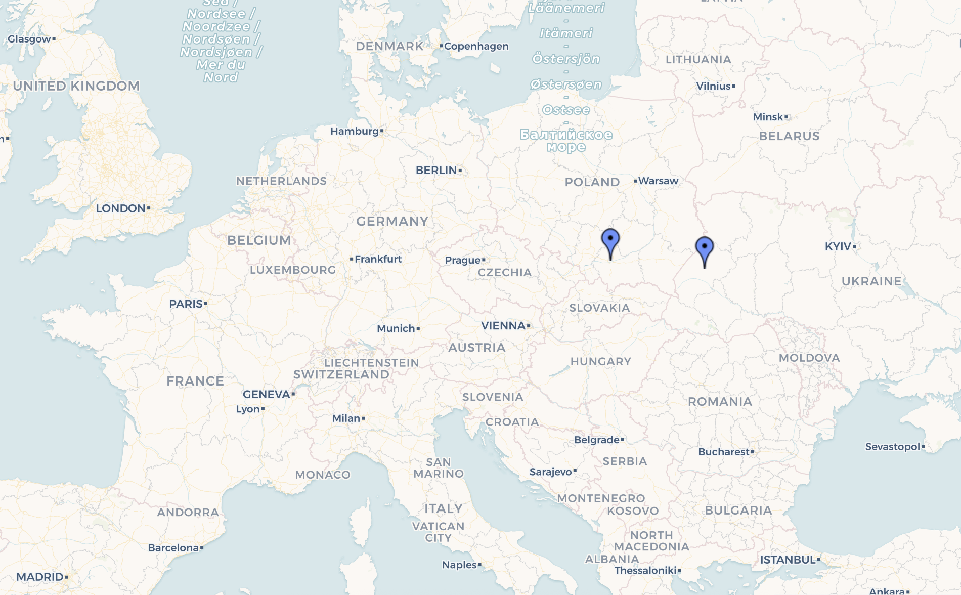 Europe Map showing our office locations in Krakow, Poland and Lviv, Ukraine